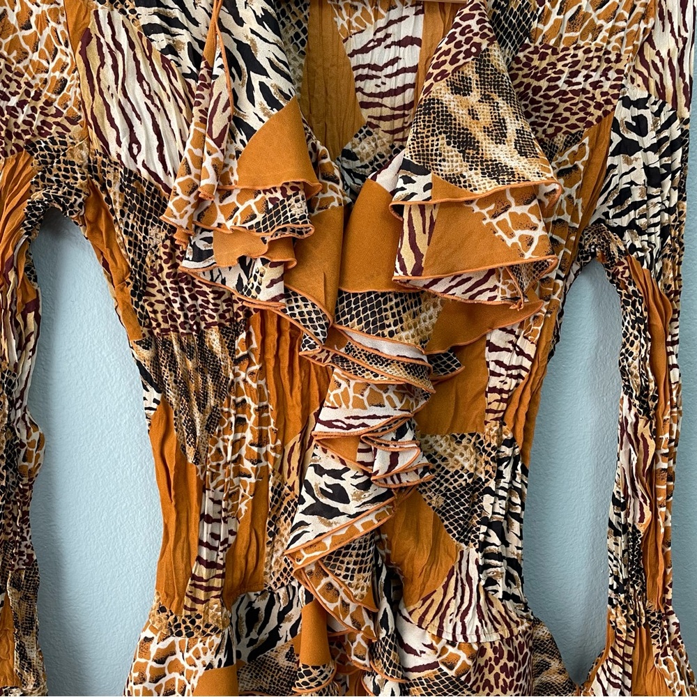Kaelyn Max | 90s Orange Animal Print Frilly Ruffle Long-Sleeve Blouse - Picture 5 of 7